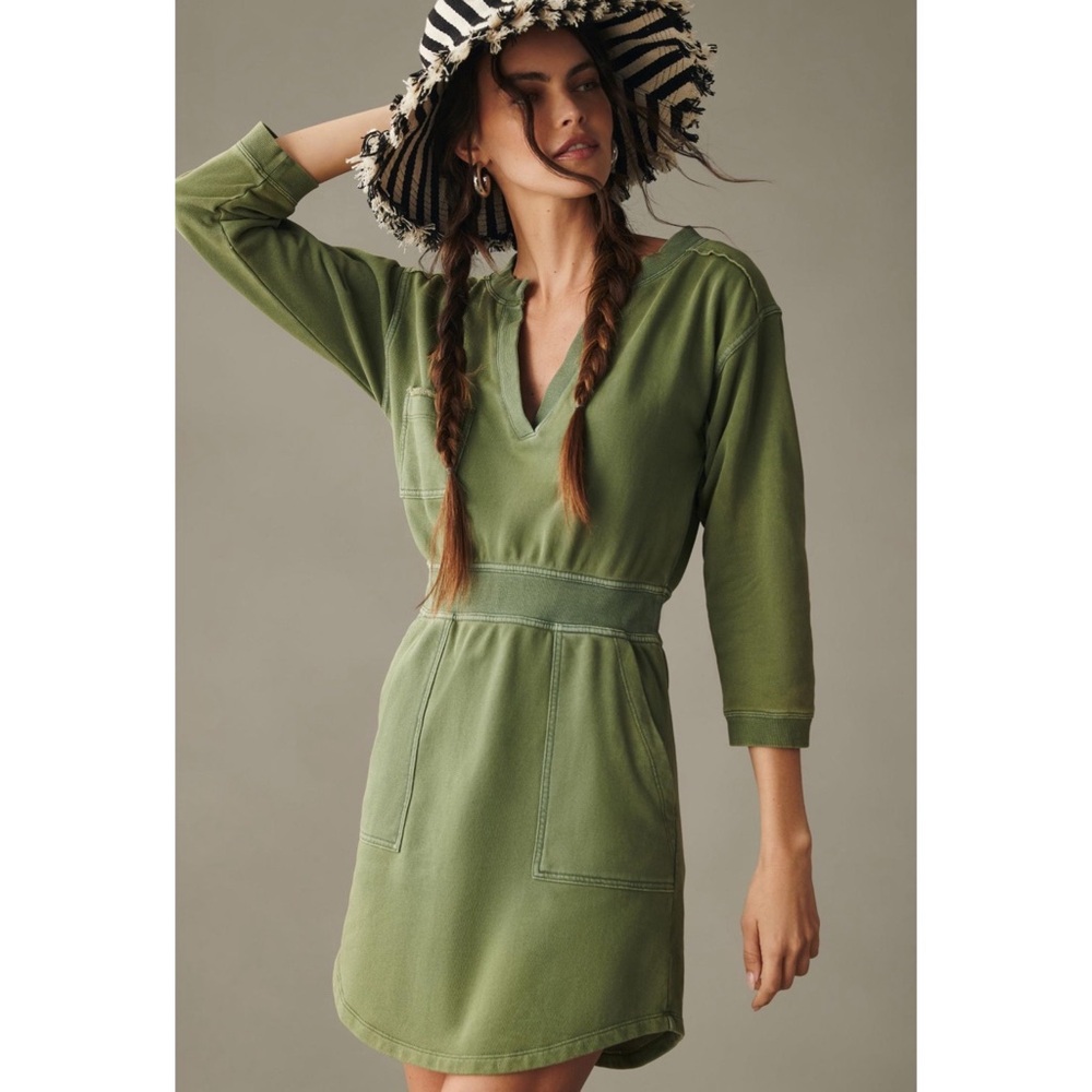 Olive Green V-Neck Waist-Defined Dress